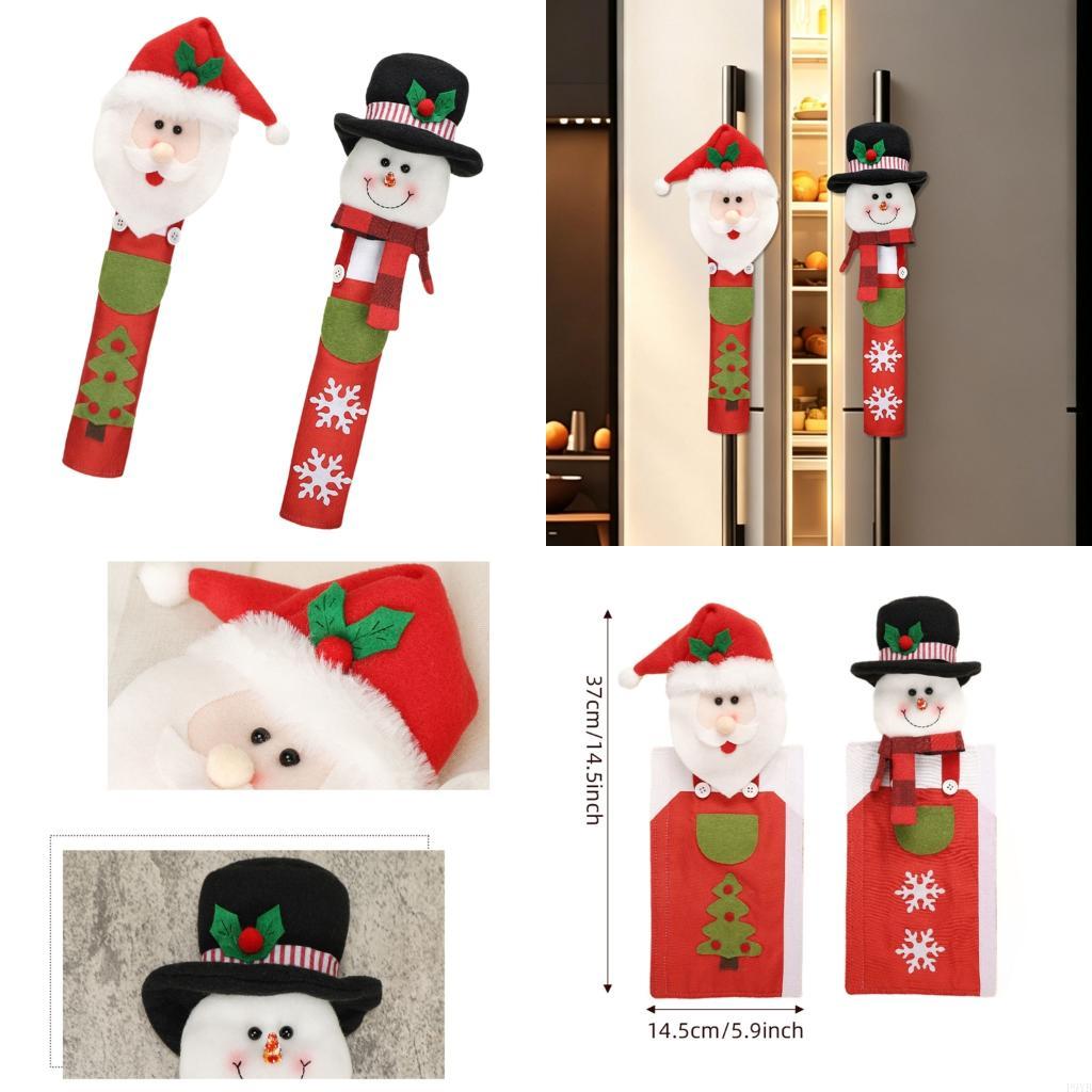 Christmas Refrigerator Pull Covers Soft Polyester 2 Piece Santa Set, Slide-On Fridge Pull Sleeves for Kitchen and Cabinet Accent