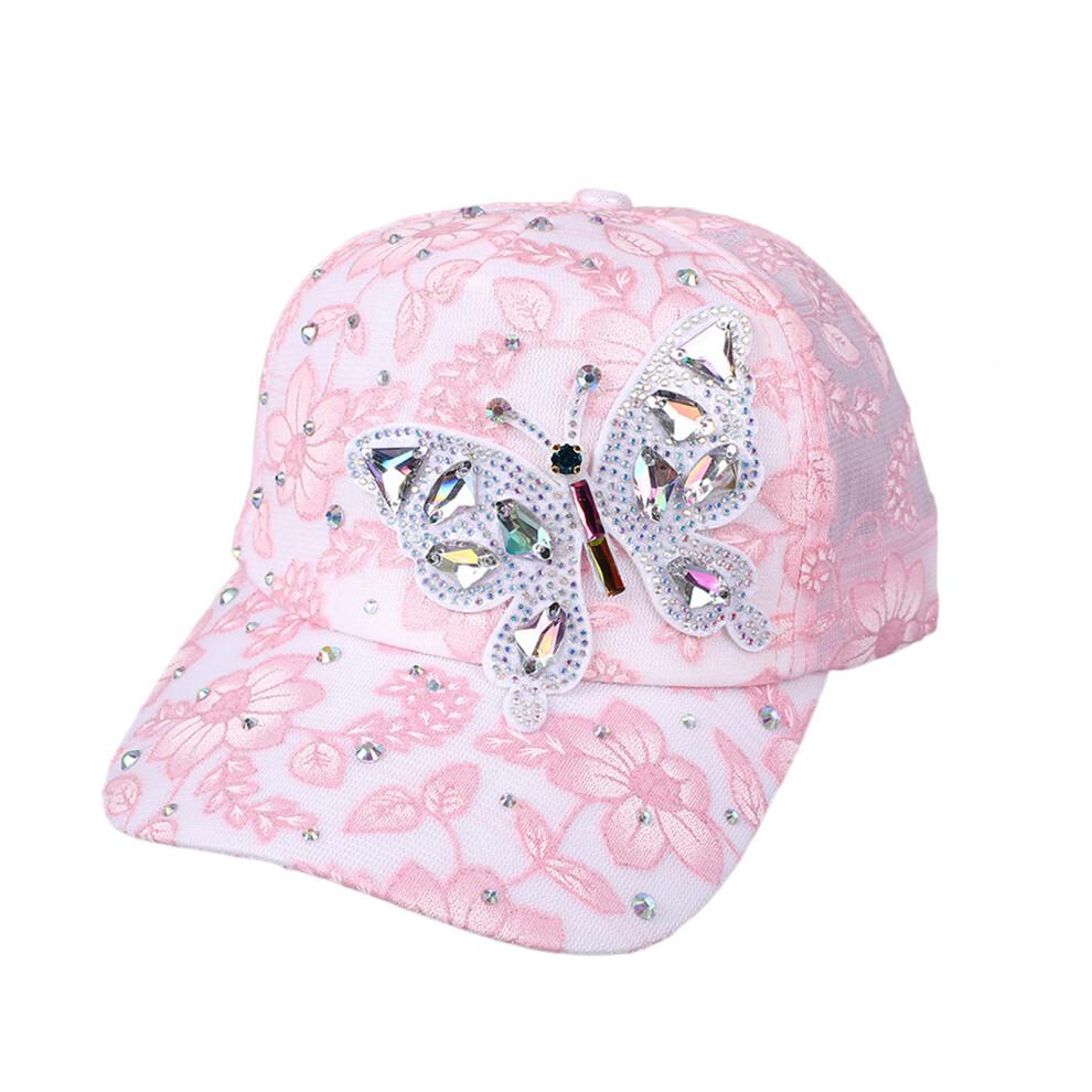 (One Size, Pink) Women's Baseball Cap Stylish Rhinestone Butterfly Flower Adjustable Breathable Wide Brim Sun Hat