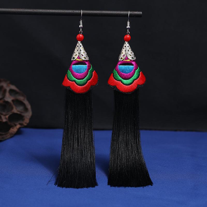 

Юньнаньская вышивка, серьги с бахромой, длинные, темпераментные, универсальные, серьги для ципао, женские, ретро, свадебные, китайские серьги