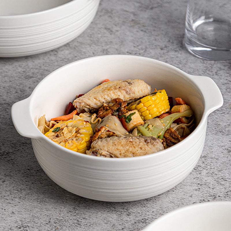White Double-Ear Ceramic Soup Bowl, Large Noodle/Fish Basin, Anti-Scald, High-End Feel for Home Use