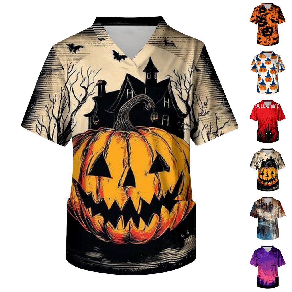 Men Short Sleeve V Neck Halloween Print Chest Pocket Scrub Top Comfortable Fit Durable Material Fun Design