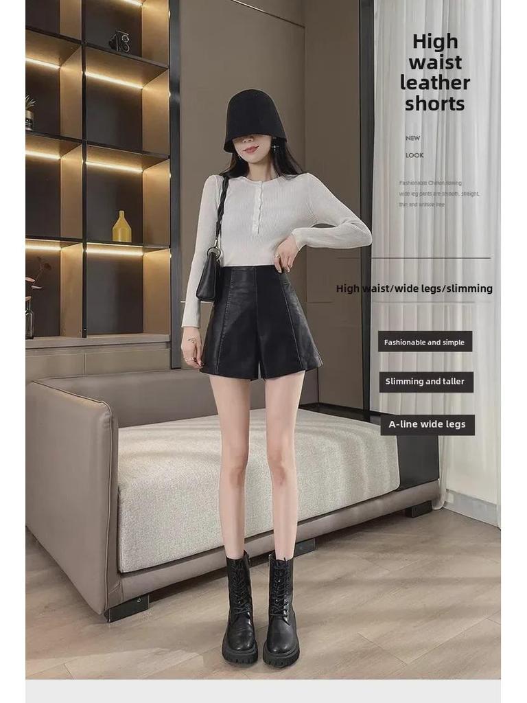 2024 Women's High-Waist PU Leather A-Line Wide-Leg Shorts for Autumn & Winter - Versatile Outdoor Wear