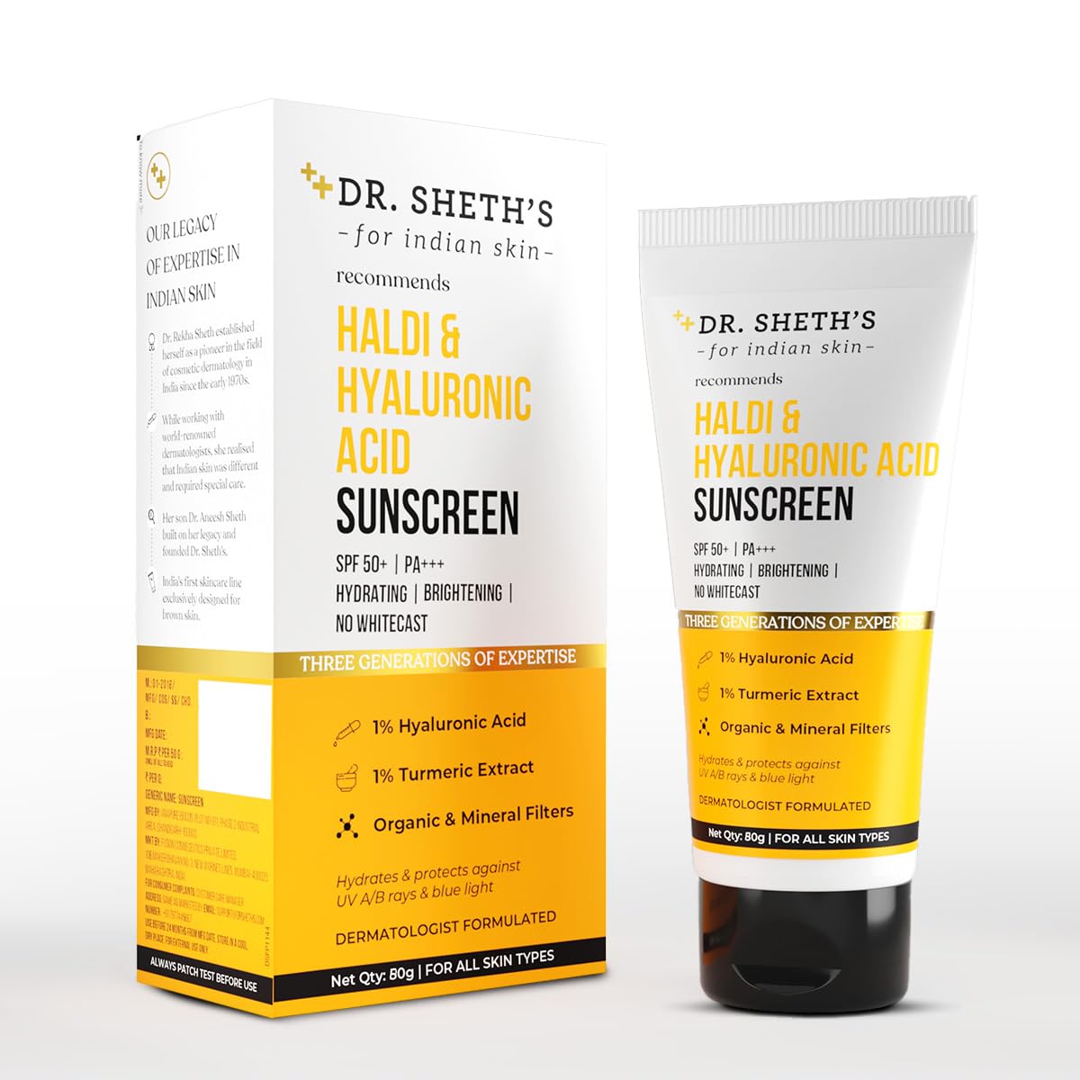 Dr. Sheth s Haldi & Hyaluronic Acid Sunscreen SPF 50+ PA+++ 80 g Hydrating Brightening Sun Protection
