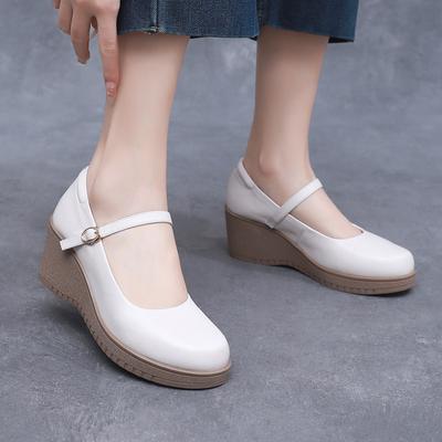 Fashion GKTINOO Fashion Ankle Strap Wedges Platform Genuine Leather Shoes Mary Janes Pumps For Women Casual Black Work Shoes High Heels