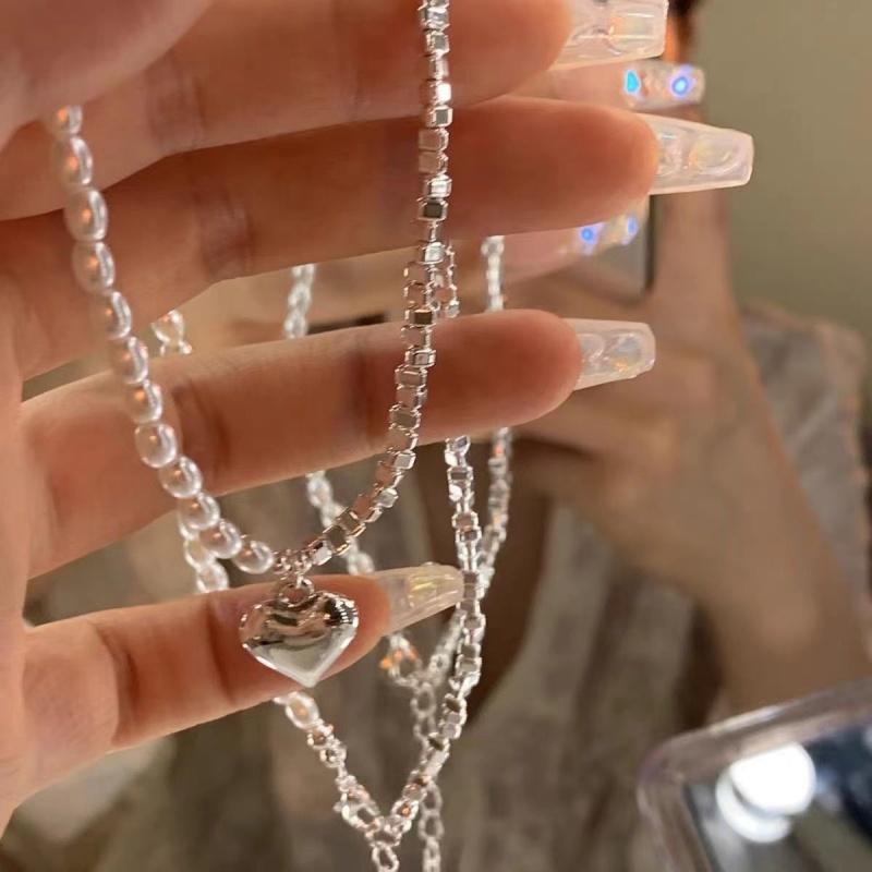 

2025 Korean Romantic Imitation Pearl Beaded Choker Heart-Shaped Pendant Necklace Banquet Wedding Zircon 45cm