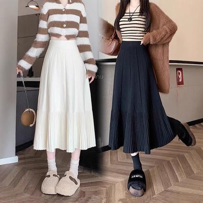 Mittelanger Strickrock für Damen im Herbst und Winter Neues High-End-Design A-Linien-Rock Temperament Schlank und fallend Großer Saumrock