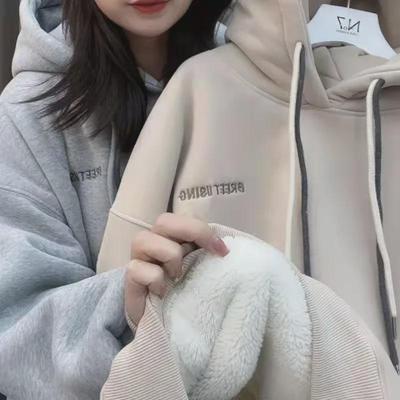Damen Winter Lammfell Kapuzenpullover: Lockere, warme, dicke, vielseitige Freizeit-Pulloverjacke