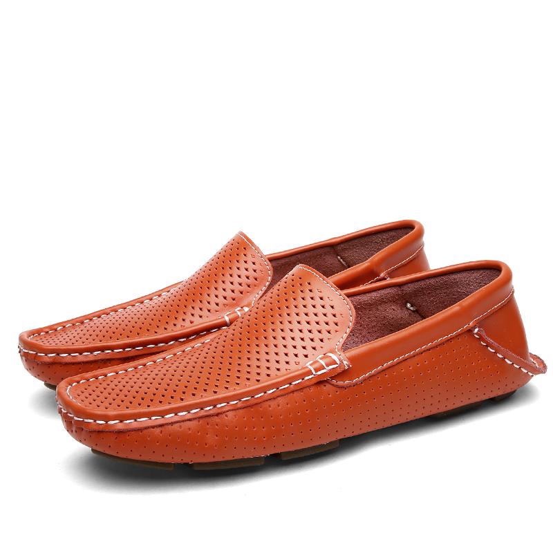 

Летние мужские мокасины из натуральной кожи, дышащие мокасины, классические мужские туфли для вождения, роскошные полые мужские туфли на плоской подошве 44 оранжевый