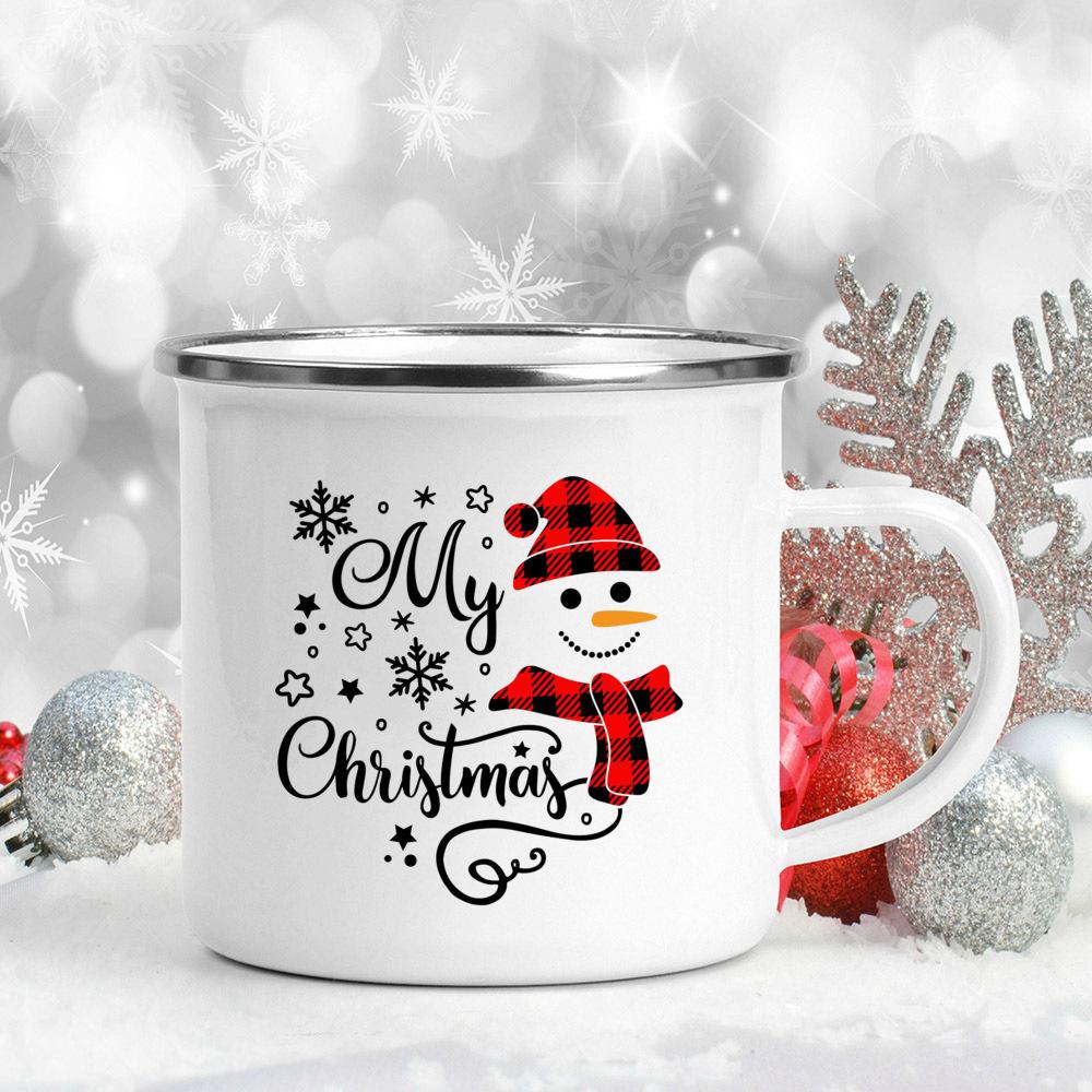 Snowman Ship Print Enamel Coffee Mugs Beer Juice Mug Handle Cocoa Cups Merry Christmas Cup Party Table Decoration New Year Gift