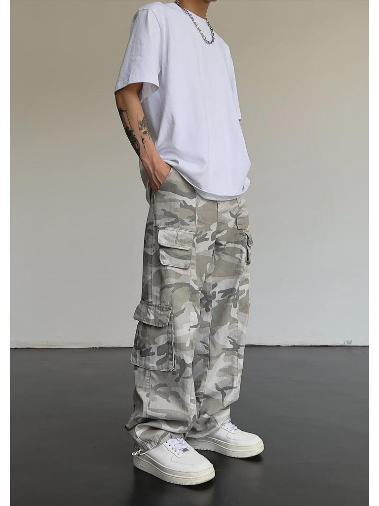 Pánské retro americké maskáčové seprané kalhoty volného střihu rovného střihu