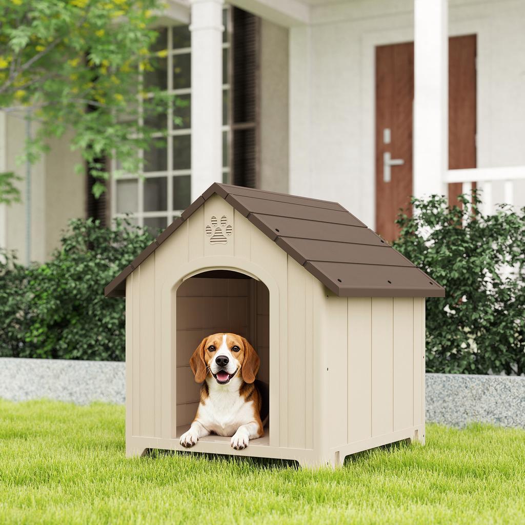 Hundehütte Wetterfeste Hundehütte 88 x 79 x 89 cm Erhöhte Hundehütte mit aufklappbarem Bitumendach, Bodenanker