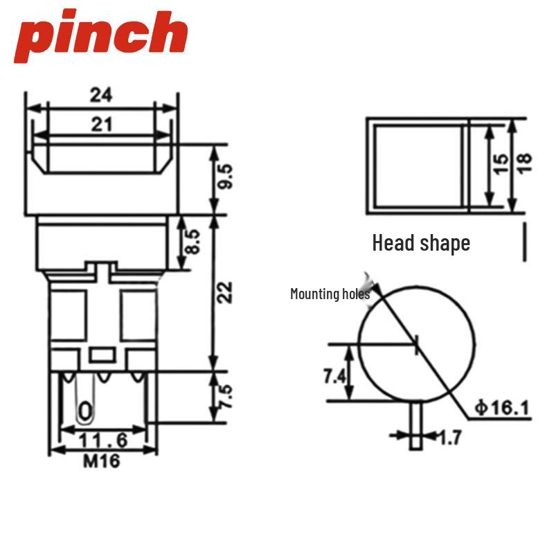 16mm Square Push Button Switch, Momentary/Latching, 3/5 Pins, 12/24V, With/Without Light (Model: LA16-11FZ)