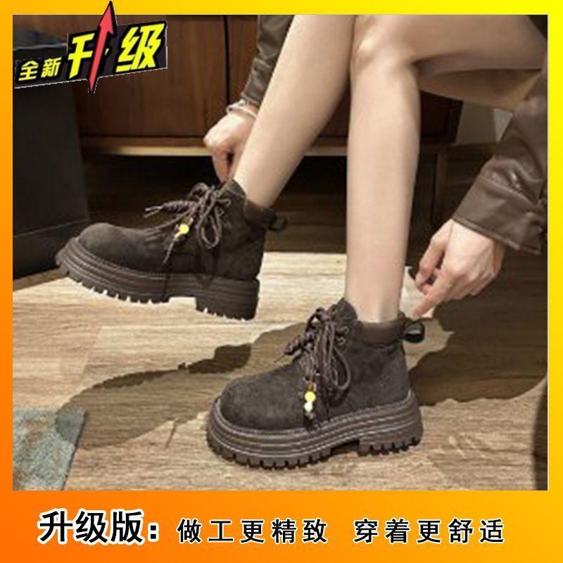

2025 autumn and winter new thick heel round head lace-up short boots thick-soled retro small British style heightened Martin boots 40