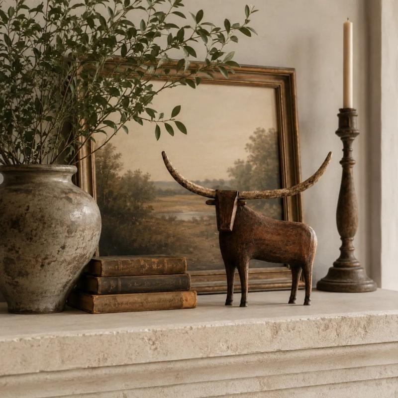 Escultura de Toro Longhorn Estilo Vintage Estilo Occidental Resina Rústica Toro Estatua de Mesa Robusta Hecha a Mano Oveja Vaca Figura