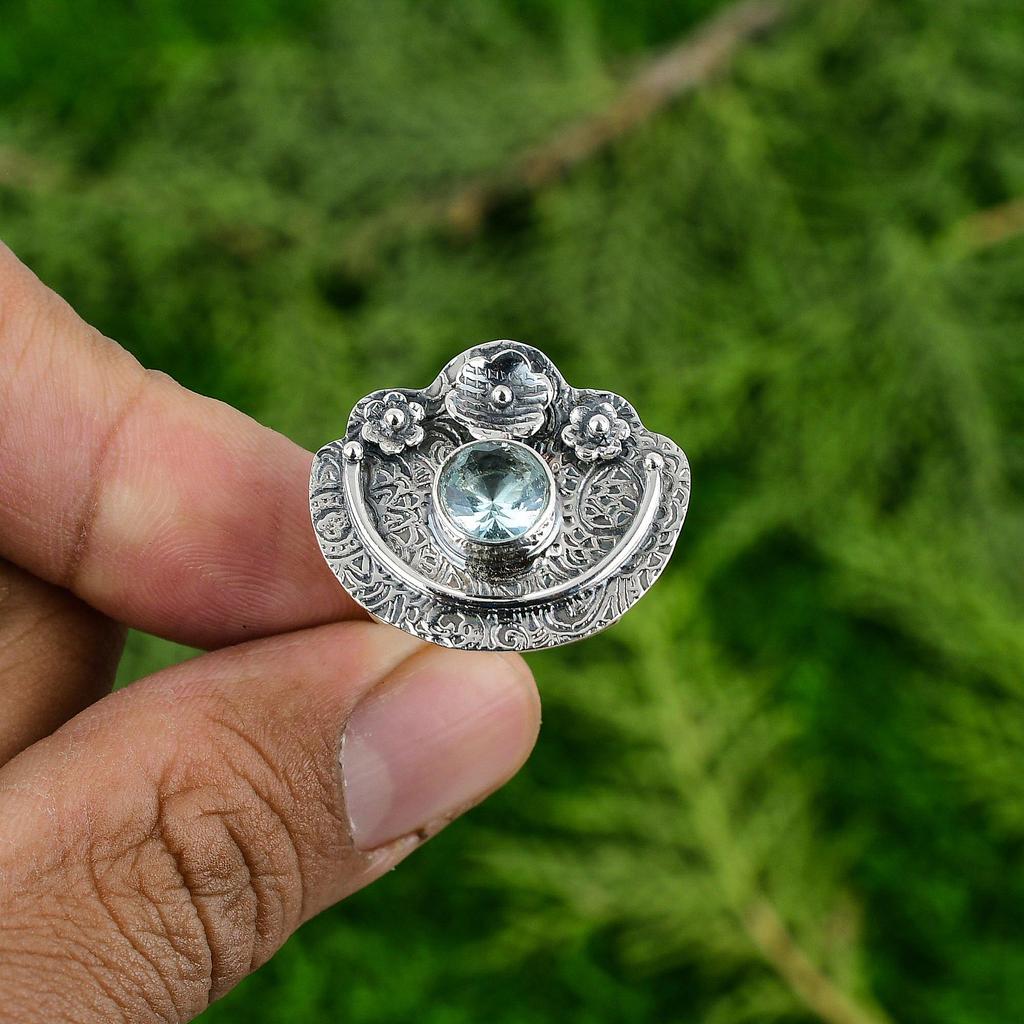 925 Sterling Silver Natural Swiss Blue Topaz New Flower Multi Stone Ring Jewelry