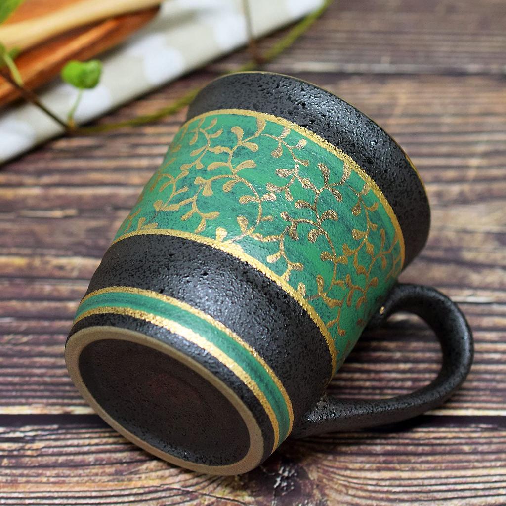 Waza no Kura Stylish Coffee Kutani Ware Mug with Gold Arabesque Design and Green Ceramic Made in Perfect as a Birthday 60th 70th 77th or 88th Birthday