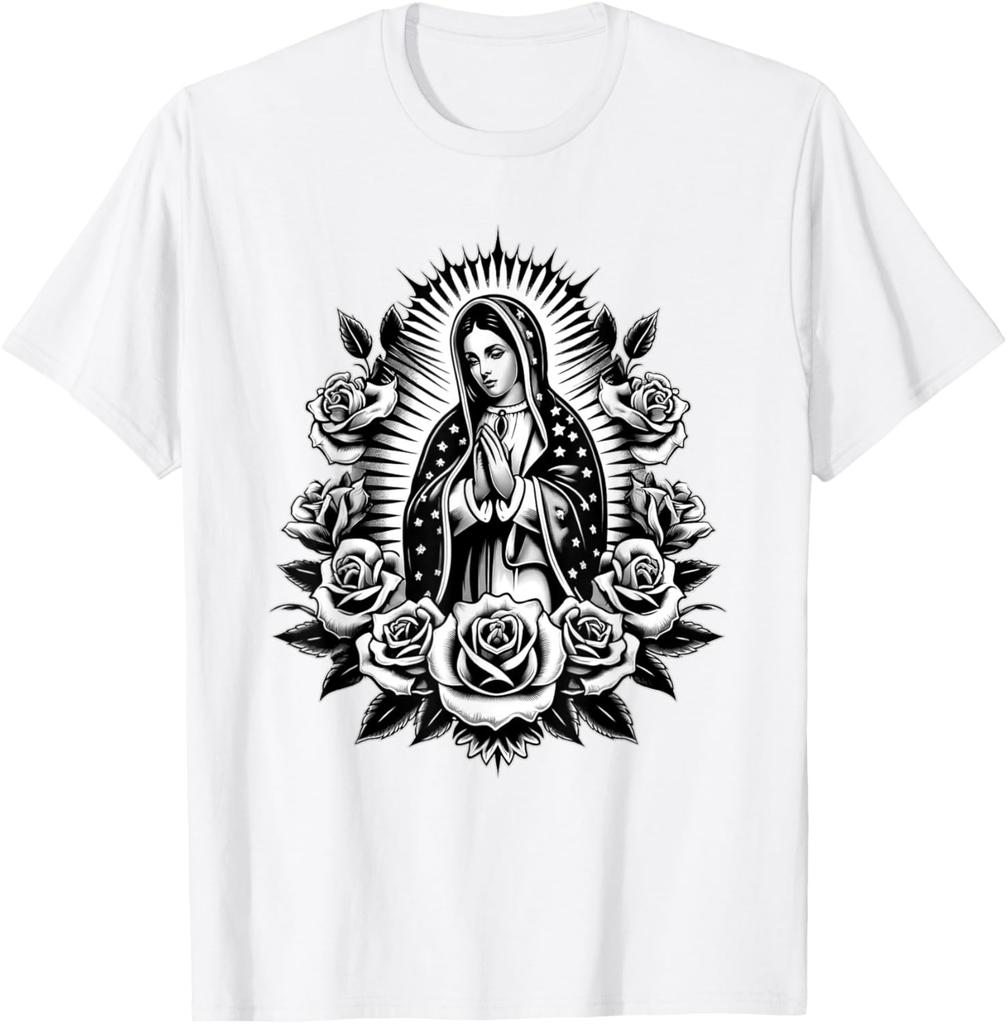 Virgin Mary Guadalupe Roses Graphic T-Shirt Religious Catholic Virginita Floral Print Tee Men Casual
