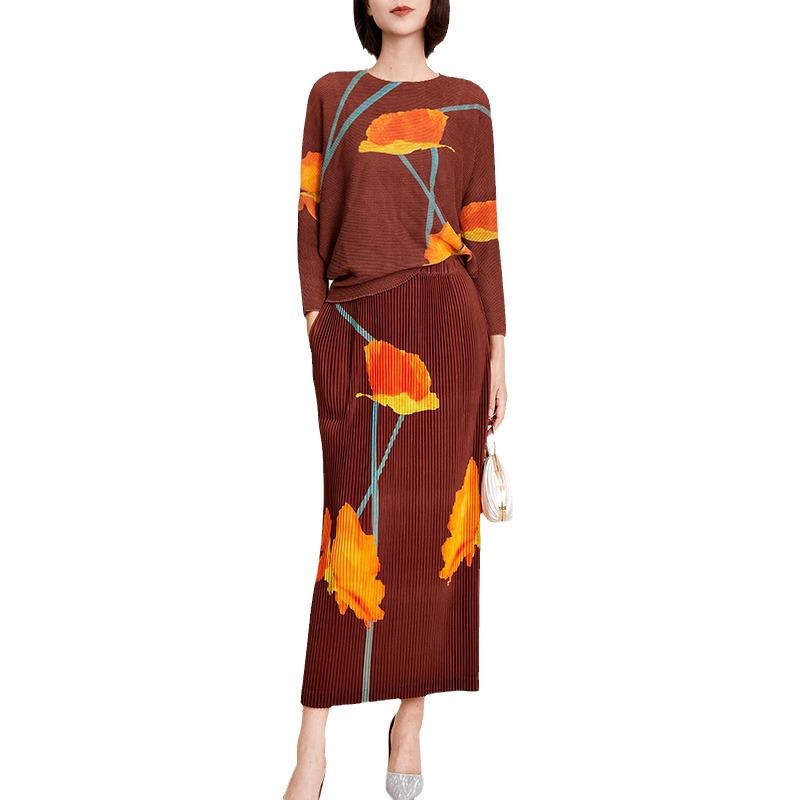 Mohnblumenmuster Damen Herbstmode Zweiteiler: Oberteil mit Fledermausärmeln & Midirock