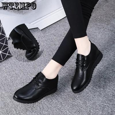 Black Faux Leather Shoes Women's Work Shoes Lace-up Flat Bottom Flat Heel Round Toe Black Leather Shoes Women's Casual Single Shoes Spring Summer