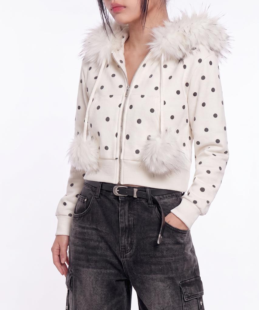 The Green Lab Fur Hood Dot Zip-Up [White]