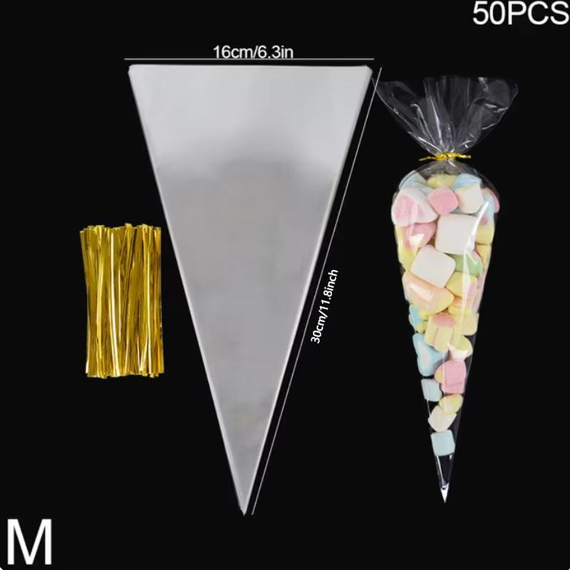 

50 шт. прозрачные конусные пакеты для хранения конфет, прозрачные пластиковые пакеты для попкорна, пакеты для конфет для детского душа, свадебных вечеринок, принадлежности M