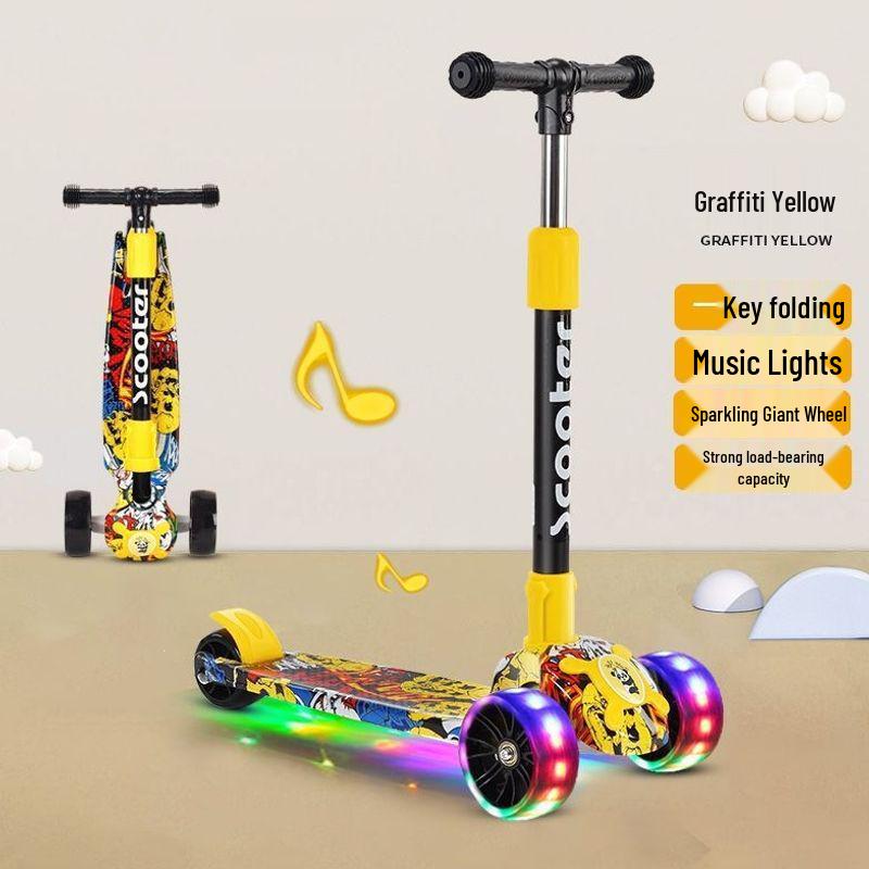 Colorful Folding Scooter with Flashing Music for 2-8 Year Olds - Durable Three-Wheeled Ride-On with Drop-Resistant Handlebar