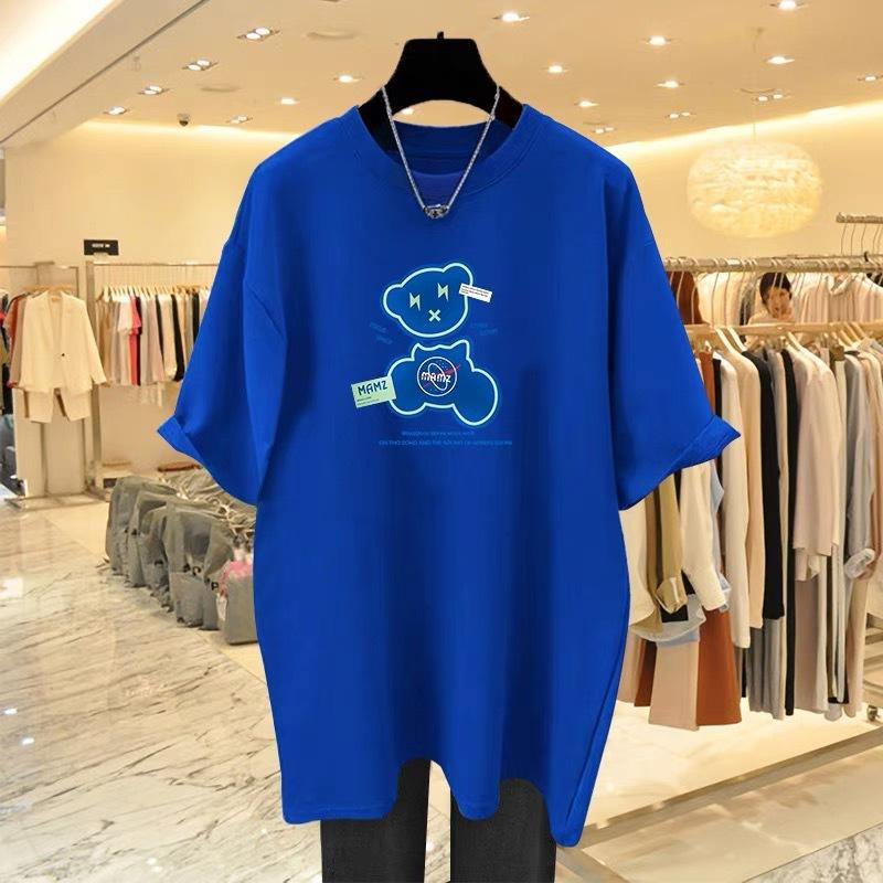 

White cotton bear with short-sleeved T-shirt for women s 2025 spring and summer new large-size loose top bottoming shirt XXXXL синій