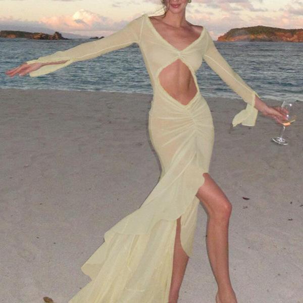 European and American new French temperament age-reducing Muse bikini perspective beach sexy navel mopping dress
