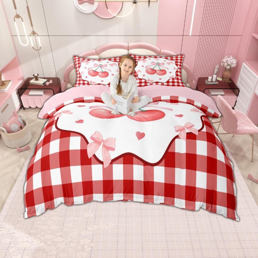 Comforter Homewish Kawaii Cherry For Girls Cute Bow Knot Bedding For Princess Geometric Buffalo Plaid Bed Set
