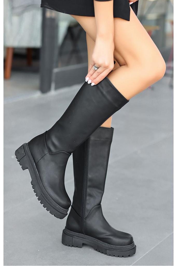 Cizme moderne și elegante pentru femei Ghete din piele artificială Mimas cu toc plat, fermoar lateral, cu șireturi, cizme până la genunchi