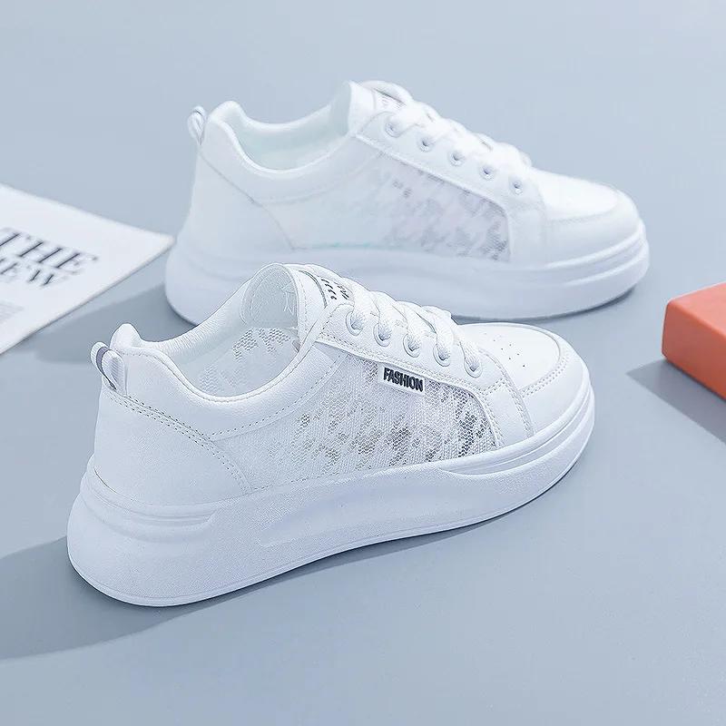 

Модная женская обувь Летняя мода Повседневная белая обувь Кружевная дышащая сетка с полыми отверстиями Платформа Плоская обувь Женские кроссовки 40