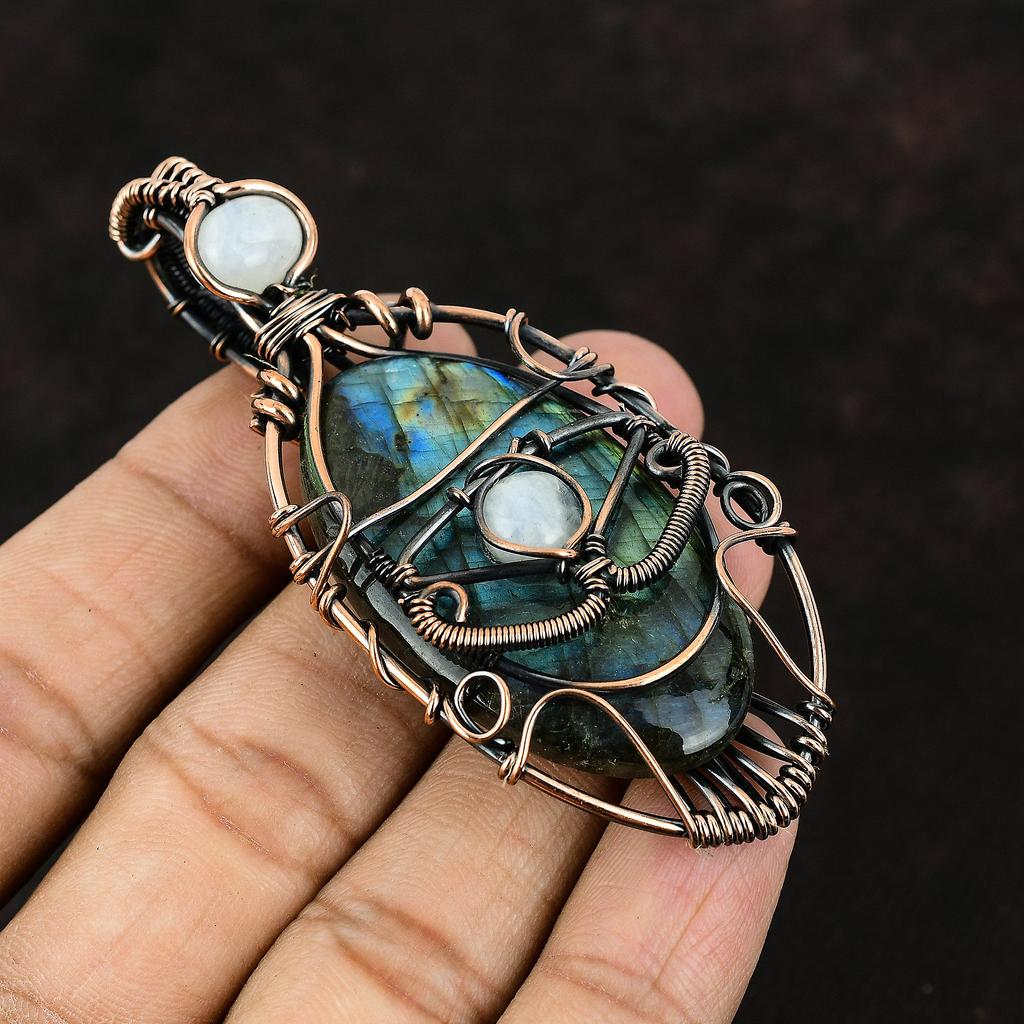 Evil Eye Labradorite Copper Pendant Copper Wire Wrapped Pendant Gemstone Pendant Copper Designer Jewelry Gift For Her Moonstone Wire Pendant