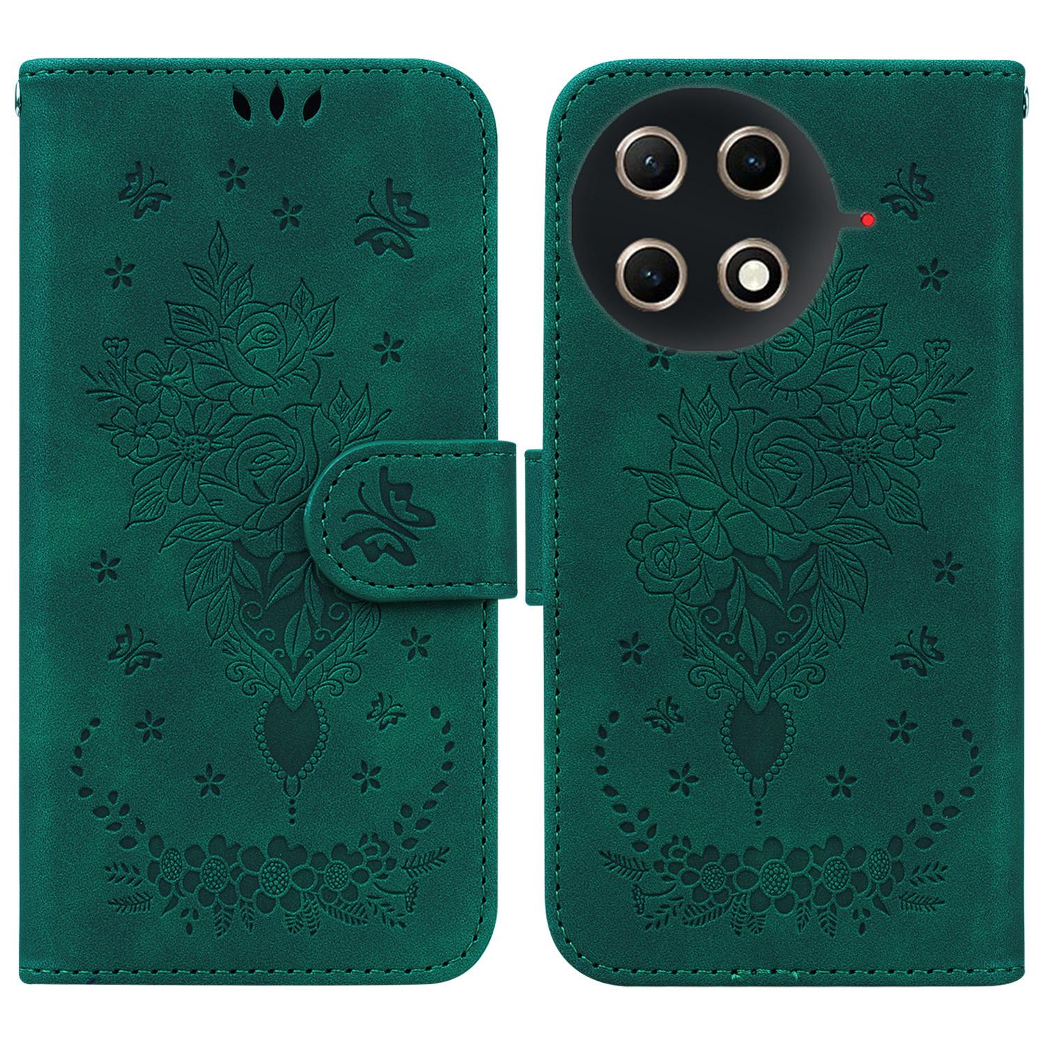 

For TECNO Camon 30S 4G/30S Pro 4G Case Butterfly Flower Imprint PU Leather Wallet Phone Cover with Strap Green