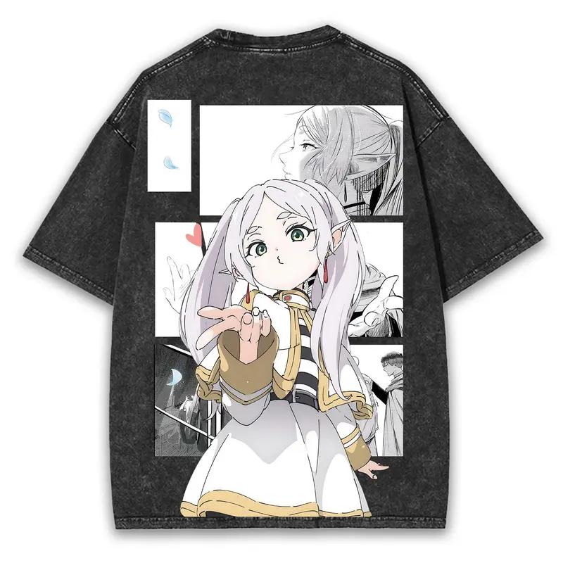 Frieren: Beyond Journey's End Anime Graphic T-shirt Vintage Washed Oversized T Shirt Men Women Clothes Cotton Short Sleeve Tee