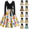 Women's Casual Fashion V-neck Long Sleeved Retro Christmas Print Retro Dress