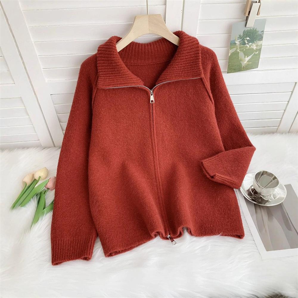 Cross-border Foreign Trade Solid Color Stand-up Neck Zipper Sweater Jacket Autumn and Winter New Loose Thickened Soft Waxy Knitted Cardigan Top