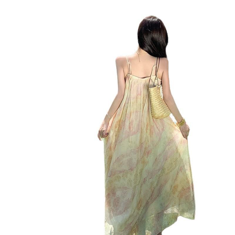 French Lazy Smudge Printing Long Beaded Suspender Dress Summer New Retro Loose Holiday Dress