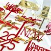 Happy New Year Acrylic Cake Toppers Star Pattern Gold Red Color DIY Cupcake Flags for 2025 New Year's Eve Party Cake Decoration