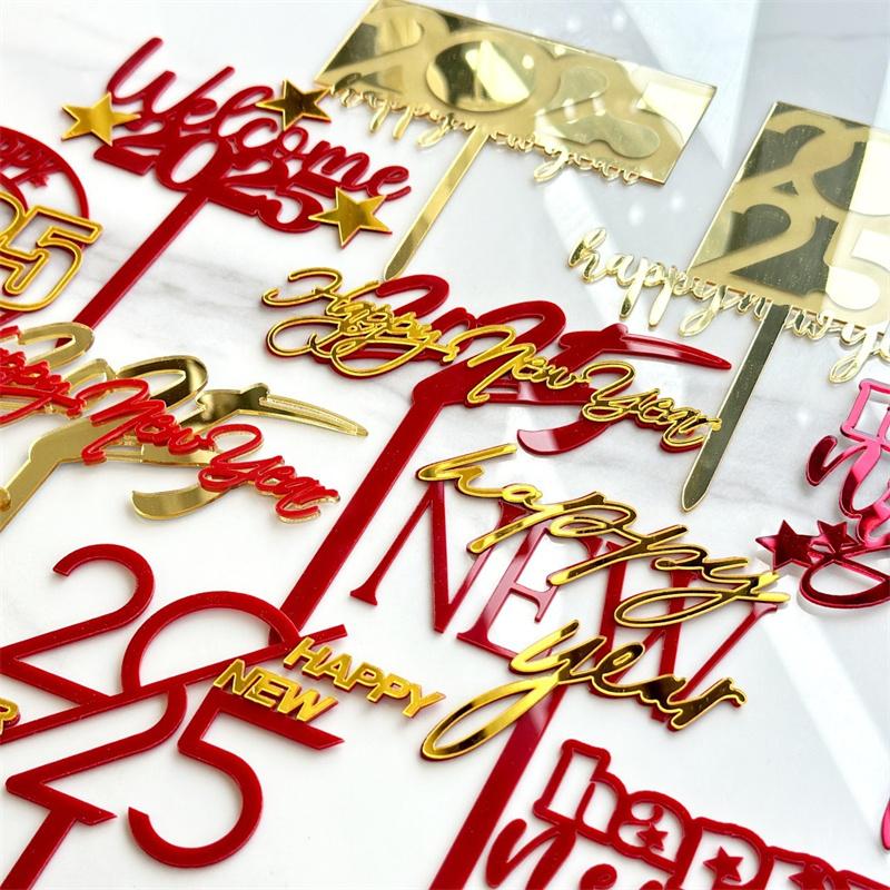 Happy New Year Acrylic Cake Toppers Star Pattern Gold Red Color DIY Cupcake Flags for 2025 New Year's Eve Party Cake Decoration