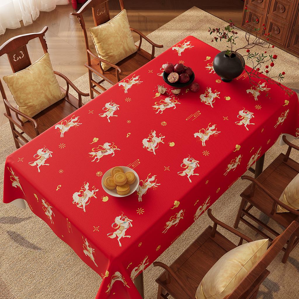Red New Year'S Tablecloth Waterproof And OilProof LeaveIn Household HighEnd Festive Dining Table Cloth Coffee Table Tablecloth