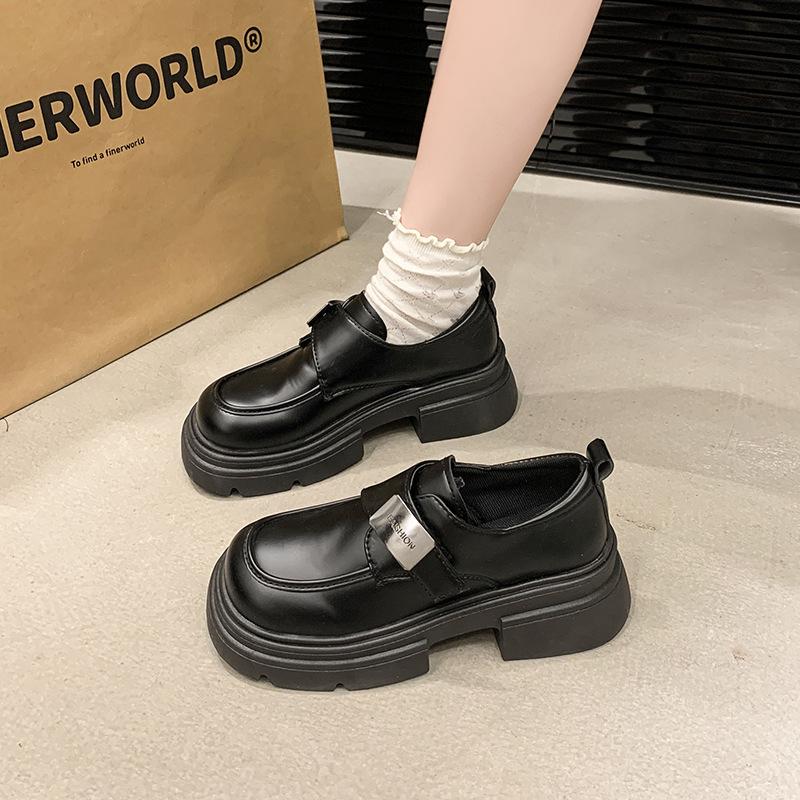 

Square heel high-end small leather shoes women s versatile British black college style muffin heightening color polishing buckle retro single shoes 40 чёрный