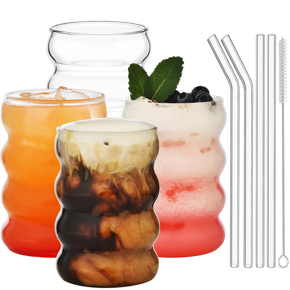 4Pcs Creative Glass Cups Coffee Mug Vintage Drinking Glasses Ribbed Iced Coffee Glasses Tumbler Cup with Straws Set