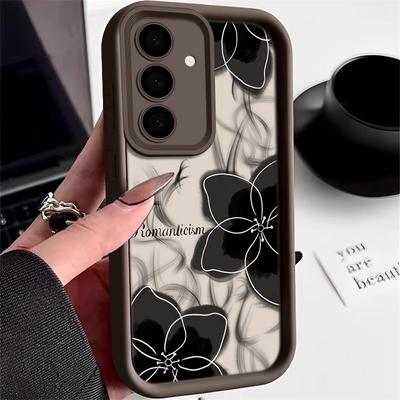 Funda de Teléfono Negra con Patrón de Flores de TPU Mate para Samsung S25 S24 FE S23 Ultra S26 S22 S21 A55 A34 A54 A35 A14 A17 A37 A57 Cubierta Suave de Silicona a Prueba de Golpes