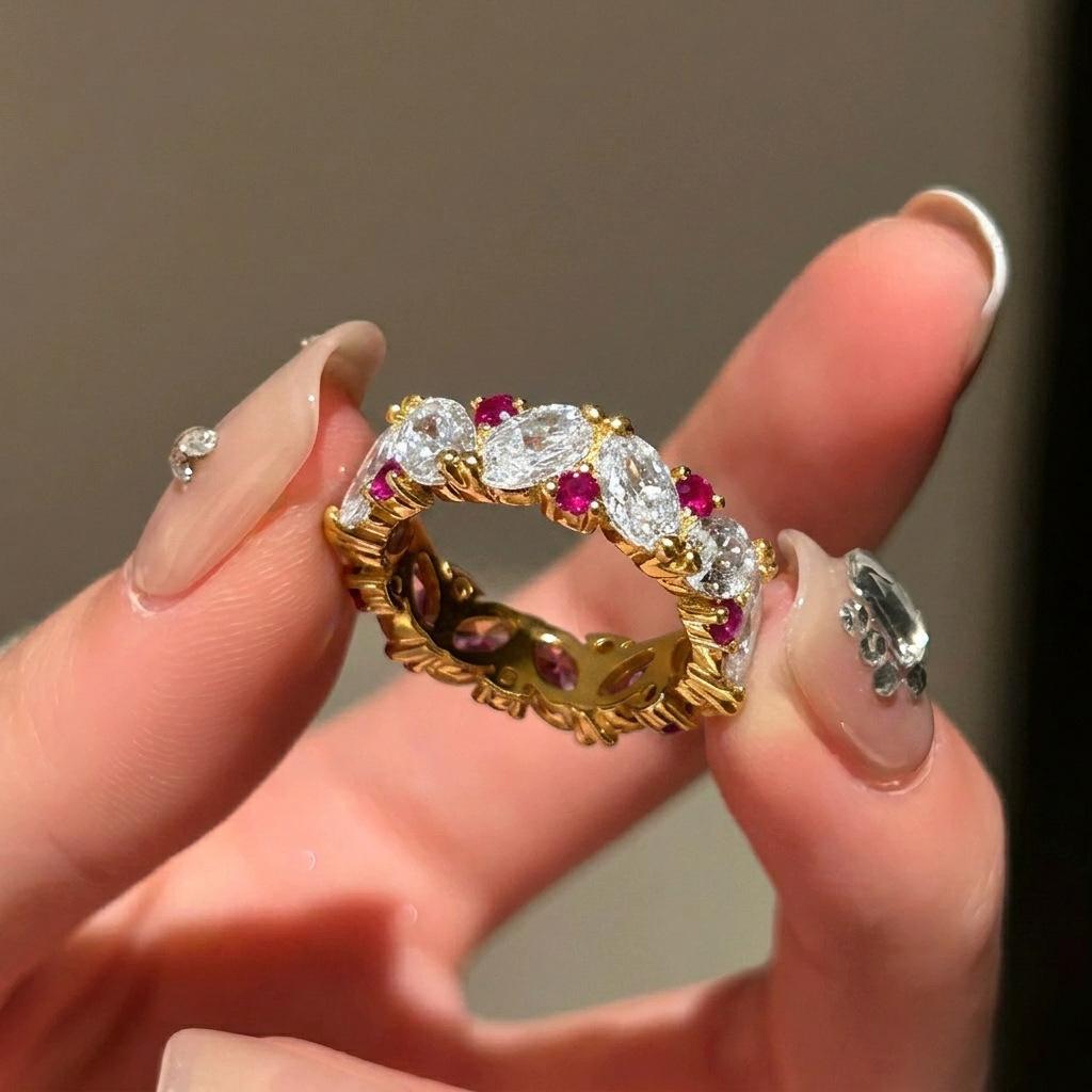 

2026 French Inlaid Horse s Eye Rhombus Light Luxury Row Diamond Ring Women s High Carbon Diamond Green Diamond Red Corundum Medieval Sea Blue Resizable