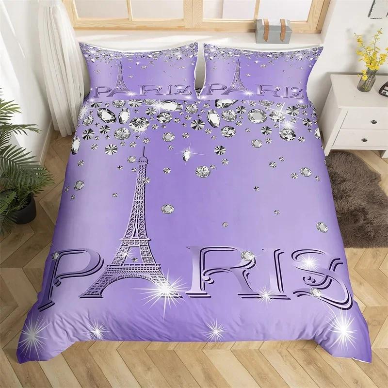 Paris Duvet Cover Set Eiffel Tower Bedding Set Queen Polyester Romantic French Flower Quilt Cover For Girl Teen Women Room Decor