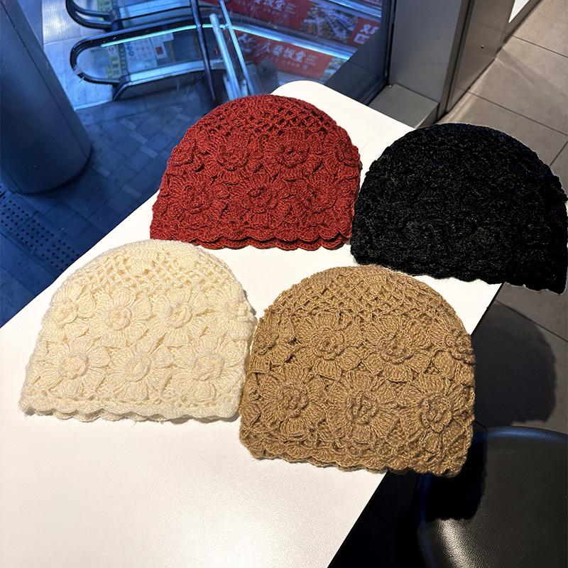 Versatile Handmade Crochet Hat Women's Spring and Autumn New Knitted Wool Hat Big Head Circumference Hollow Bag Head Hat
