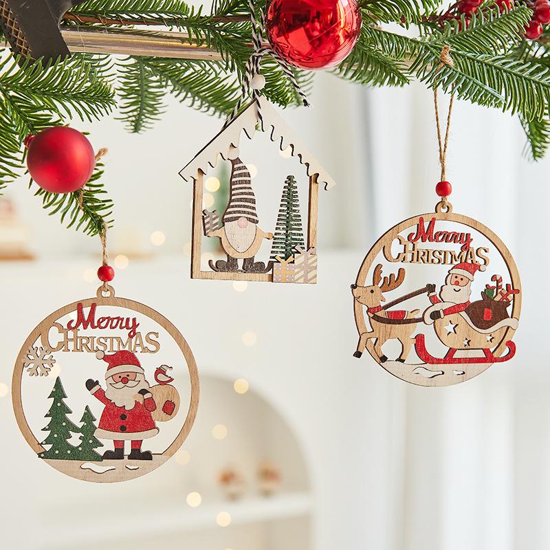 Nordic Wooden Christmas Ornaments: Cartoon Santa Claus & Snowman Pendants