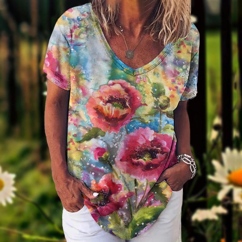 

Новинка 2023 года, женская футболка, летние винтажные топы с цветочным принтом, повседневная блузка с v-образным вырезом, модный женский пуловер большого размера, женская одежда 6XL