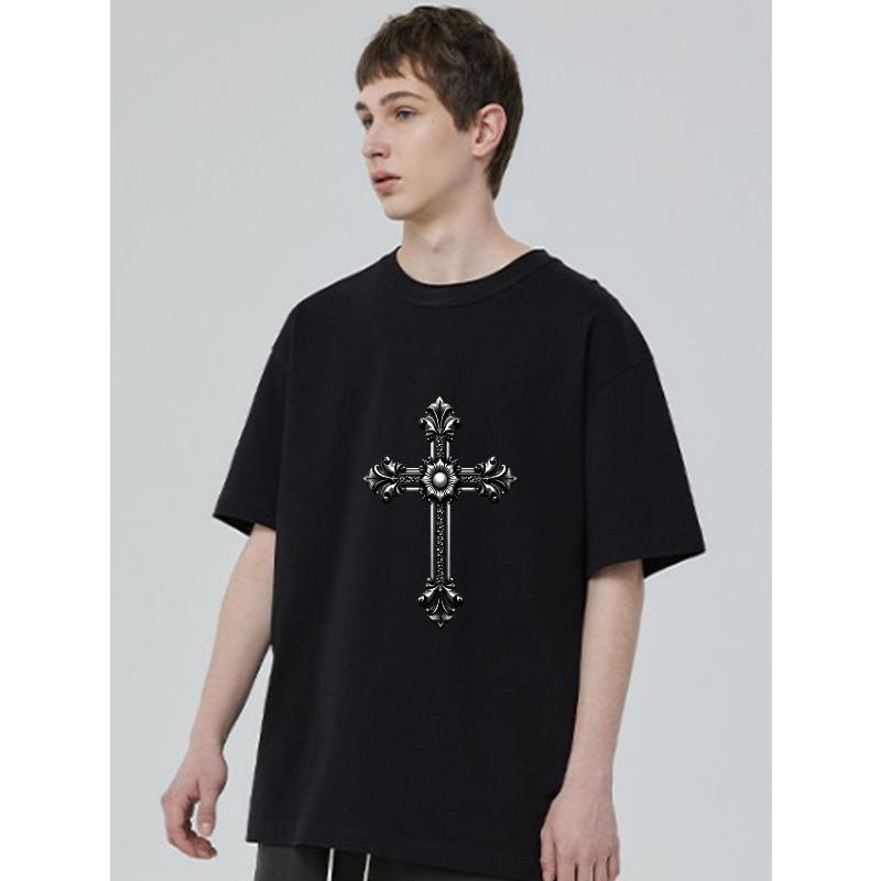 Black T-Shirt With Ornate Cross Design For Casual Wear