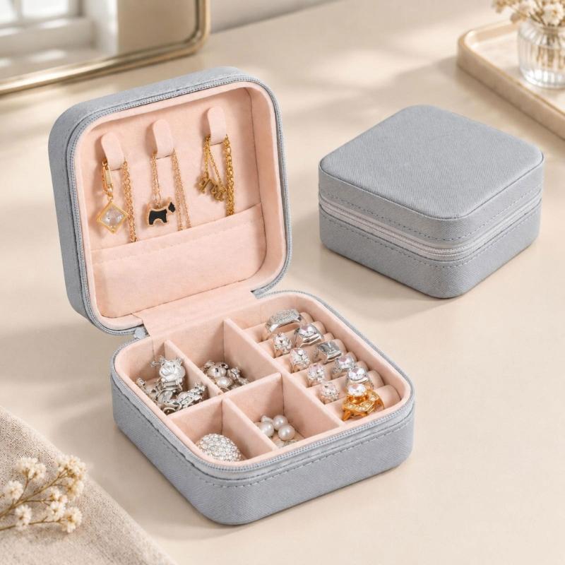 Zippered Leather-Material Jewelry Storage Case with Lid Hooks, Interior Pocket, Ring Rolls, and Removable Dividers